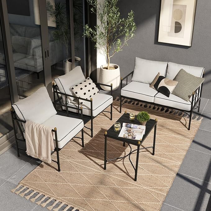 mopio Odelia Patio Furniture Set of 4, Outdoor Sectional Conversation Set, Small Metal Backyard, Front Porch, Balcony Furniture for Apartments, with 2 Patio Chairs, Loveseat, Coffee Table