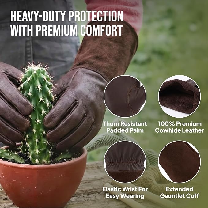 Craft911 Thorn Proof Gardening Gloves for Women & Men, Long Rose Pruning Gloves with Cowhide Leather Gauntlet & Forearm Protection - Brown (L)