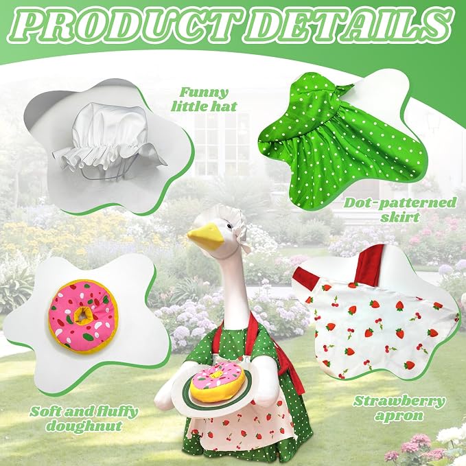 Chef Goose Outfit Green Polka Dot with Detachable Donut – Gift for Grandma, Mother – Spring Summer Garden Decoration for Cement Yard Goose