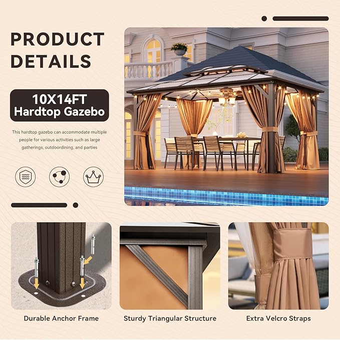 Aoxun 10'x14' Hardtop Gazebo, Outdoor Metal Gazebo with Double Polycarbonate Roof Canopy, Permanent Pavilion with Netting and Curtains for Lawn, Garden, Patio (Khaki)