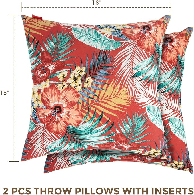 Throw Pillow with Insert, Set of 2, Outdoor Indoor Waterproof Decorative Patio Throw Pillow 18x18 Inch, Square Cushion for Couch Sofa Garden Farmhouse Decoration-Chili Red Floral