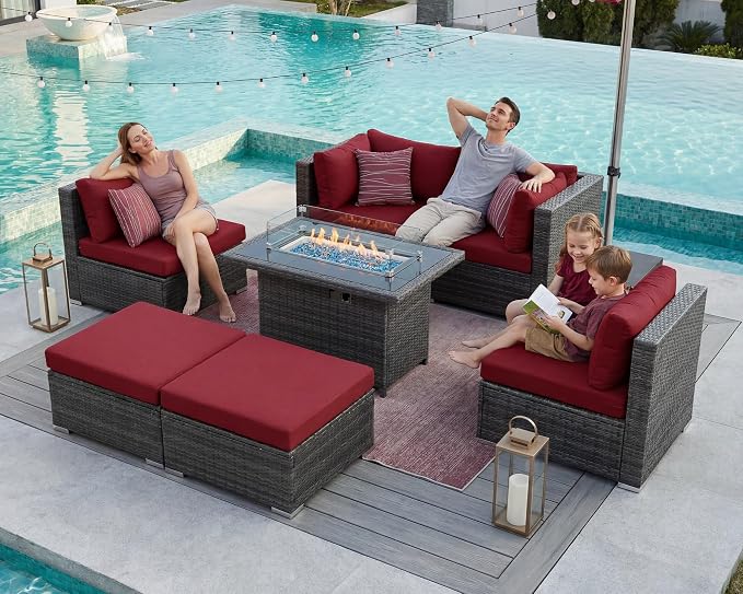 BULEXYARD 7 Piece High Back Outdoor Sectional Set with Fire Pit Table, Wicker Patio Furniture Set Weather-Resistant, Modular 6-Person Couch Sofa Comfortable Wide Deep Seats for Backyard, Grey & Red