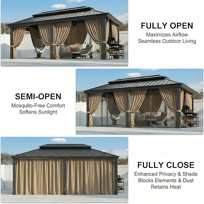 HOTEEL 12x20 Gazebo on Clearance with Metal Roof & Drainage System, Heavy Duty Hardtop Gazebo with Flame-Retardant Curtain & Netting, Outdoor Gazebos with Galvanized Steel Double Roof for Patio, Party