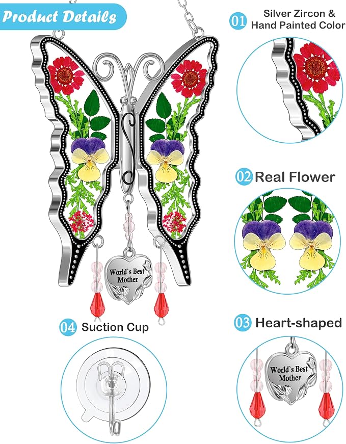 KY&BOSAM Gifts for Mom Suncatcher Butterfly Mom Gift Mothers Day World`s Best Mother Stained Glass Sun Catcher Hanging Wind Chime Ornament for Window Gift for Women Mother`s Day Valentine`s Birthday