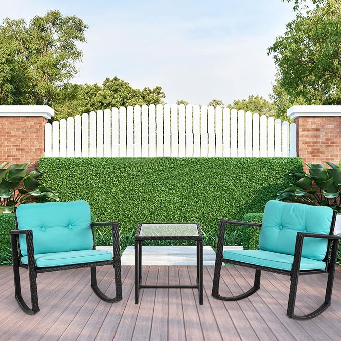 3 Pieces Rocking Bistro Set Outdoor Conversation Sets Rattan Patio Furniture Wicker Rocking Chairs with Blue Cushions and Glass Coffee Table for Balcony Poolside Garden Patio Porch Backyard