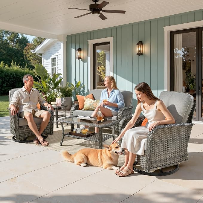 Weaxty Wicker Patio Furniture Set with Swivel Rocker Chairs Outdoor Loveseat Sofa and Rattan Coffee Table, 5 Pieces Outdoor Conversation Sets for Patio Porch Deck Backyard Poolside,Beige
