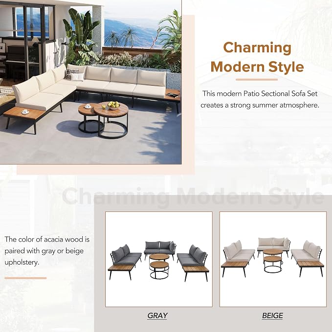 6-Piece Metal Outdoor Sectional Sofa Set with Round Nesting Coffee Tables, L-Shaped Patio Furniture Set Seating Sofa with Cushions for Patio, Porch and Garden, Beige