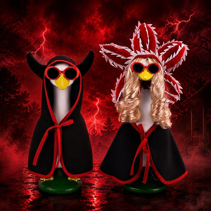 Porch Goose Spooky Monster Outfit 4 Pieces Porch Goose Alien Monster Costumes with 1 Blonde Goose Wig Creepy Plant Hat Horned Cloak Decor for Lawn Goose Statues