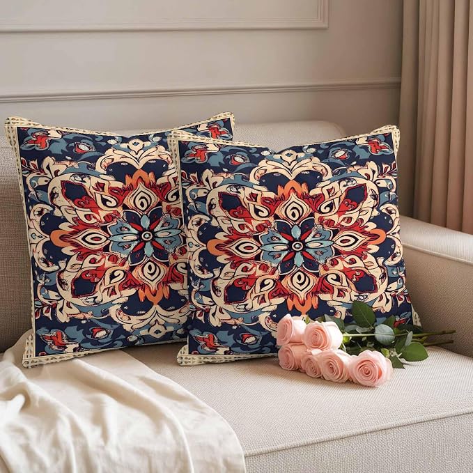 Bohemian Waterproof Outdoor Pillow Covers Set of 2 Home Decor, Blue Retro Boho Ethnic Farmhouse Colorful Pillowcase Patio Pillow Covers for Couch Bench Furniture Garden 16x16in