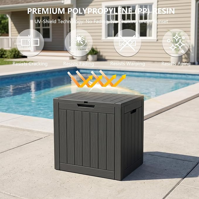Outdoor Storage Box, 35 Gallon Waterproof Deck Box [Upgraded 3.0], Quick Snap-Lock Resin Cabinet for Seat Pillows, Patio Blankets, Lockable End Table Beverage Stand, Apartment Deck, Black