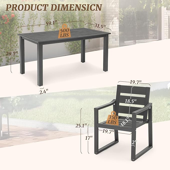 Cozyman Patio Table and Chairs Set, HDPS 5-Piece Outdoor Dining Set, Patio Furniture for Deck, Poolside, and Backyard, Dark Gray