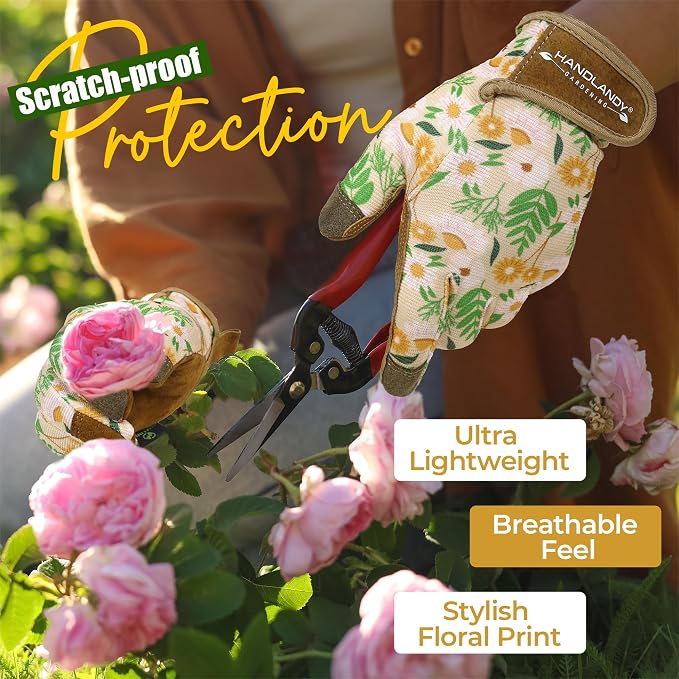 HANDLANDY Gardening Gloves for Women, Leather Garden Glove, Gardener Gift | Breathable Floral Ladies Leather Garden Yard Gloves, for Trimming, Weeding, Digging, Planting, Pruning