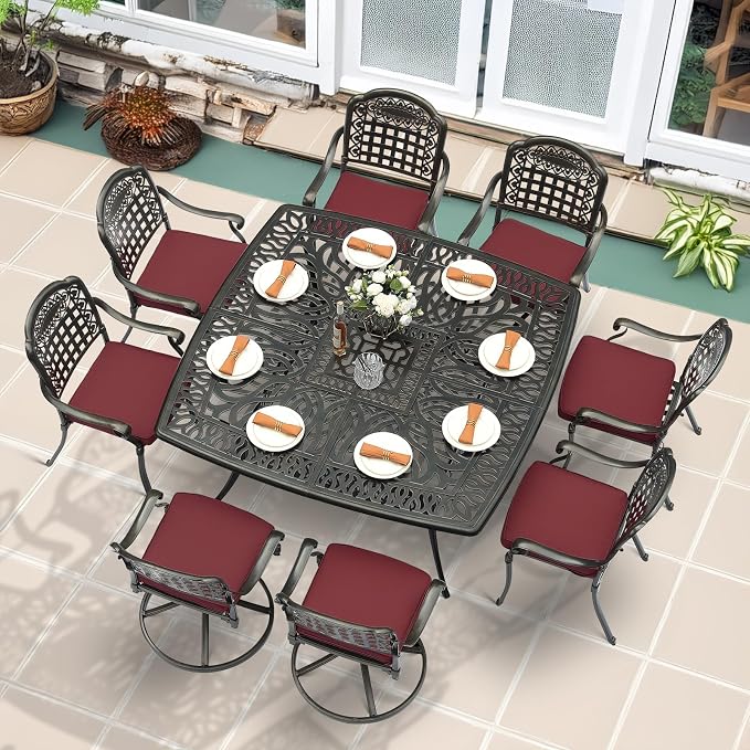 MEETWARM 9-Piece Outdoor Patio Dining Set for 8, All Weather Cast Aluminum Patio Funiture Table and Chairs Set- Large 64" Square Table and 2 Swivel Rocker Chairs, 6 Stationary for Garden, Red