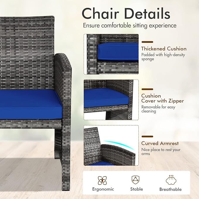 Outdoor Conversation Set, 4 Pieces Wicker Patio Furniture Set with Ergonomic Curved Design, Patio Chair Set with Water-resistant Cushion & Tempered Glass Table for Balcony,Porch(Navy Blue)