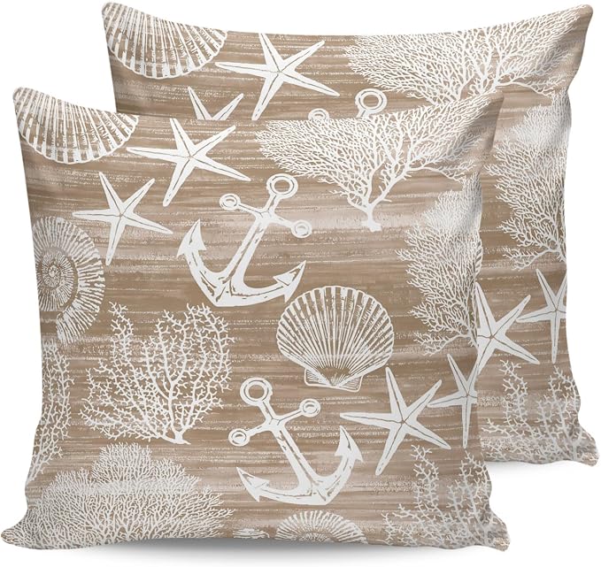 Outdoor Waterproof Throw Pillows 16x16in, Summer Anchor Starfish Coral Shell Patio Pillows Pack of 2,Decorative Pillow Covers with Insert,Pillow Cushion Case Nautical Ocean Creature