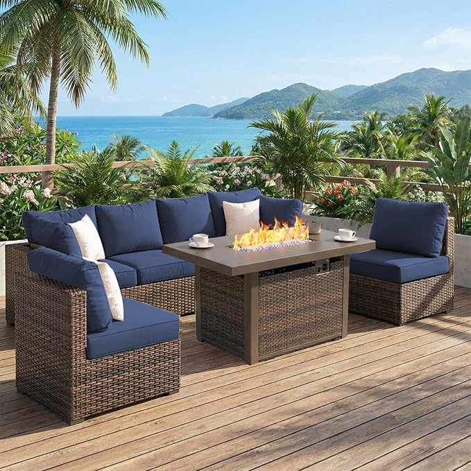 Grezone 7 Piece Patio Furniture Set with 44" Fire Pit Table, Outdoor Sectional Couch, PE Rattan Patio Conversation Sets with 4inch Cushions for Backyard Deep Blue (NY)