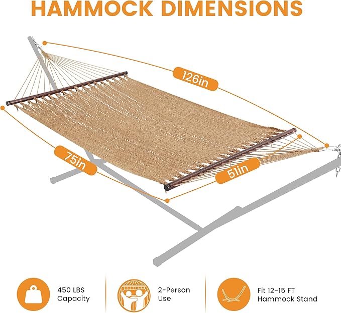Lazy Daze Hammocks 10.5 FT Double 2 Person Caribbean Rope Hammock, Hand Woven Polyester Hammock with Spreader Bars, for Outside Outdoor Backyard Patio Poolside, 450 LBS Capacity, Tan