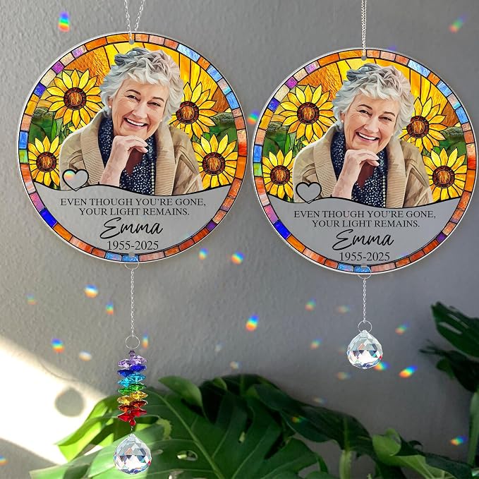 Personalized Photo Memorial Acrylic Window Hanging Suncatcher with Charm - Sympathy Memorial Gift, Loss of Mother, Loss of Father, Custom Photo, Name, Years (Memorial Suncatcher with Charm)
