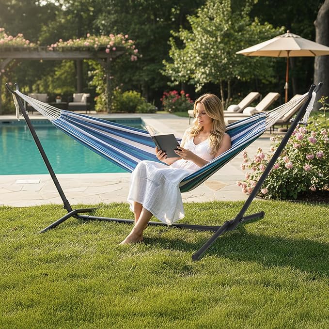 ONCLOUD Double Hammock with 9 FT Stand Space Saving Carrying Case (Purple Blue)