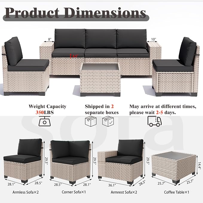 6 Pieces Patio Furniture Set, Outdoor Sectional Wicker Sofa with Thickened Cushions and Coffee Table, High Back Rattan Patio Conversation Sets for Garden Backyard, Black