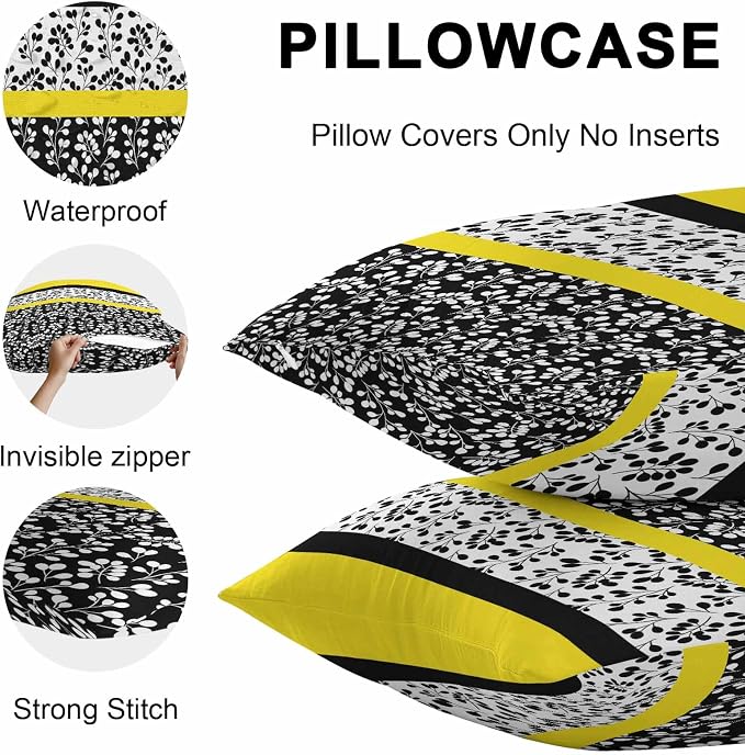 Black Yellow Outdoor Pillow Covers 16x16 Inch Throw Pillow Covers Set of 2 Waterproof Decorative Pillow Cases Garden Floral Stripe Aesthetic Flower Boho Cushion Covers for Patio Furniture Garden Couch