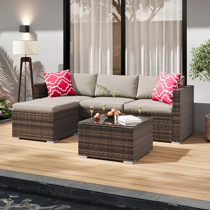 5-Piece Outdoor Sectional Sofa Set, All-Weather PE Rattan Patio Furniture with Ottoman & Tempered Glass Table, Convertible Garden Couch for Backyard, Porch, Poolside (Brown/Light Gray)