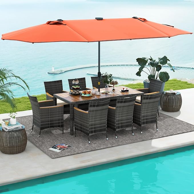 Tangkula 11 Pieces Patio Dining Set with 15 ft Double-Sided Patio LED Umbrella (Base Included), Outdoor Rattan Furniture Set with 8 Armchairs, 1 Rectangular Acacia Wood Dining Table (Orange)