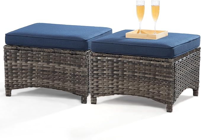 Wicker Patio Furniture Sets 7 Piece Set with One 3-Seat Sofa, 4 WIkcer Chairs, 2 Ottomans, Wicker Outdoor Furniture Set Patio Conversation Set, Blue