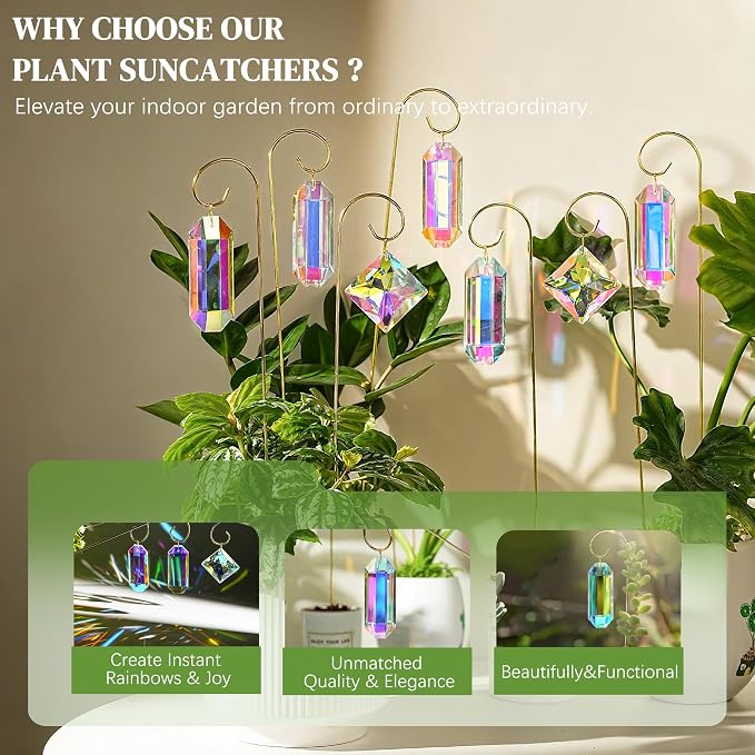 7 Pcs AB Colored Crystal Suncatcher Small Trellis Golden Plant Potted Stake | Crystal Plant Suncatcher Glass Garden Stakes for Potted Plants Indoor Outdoor Decorative Plant Stakes 13.7 Inch