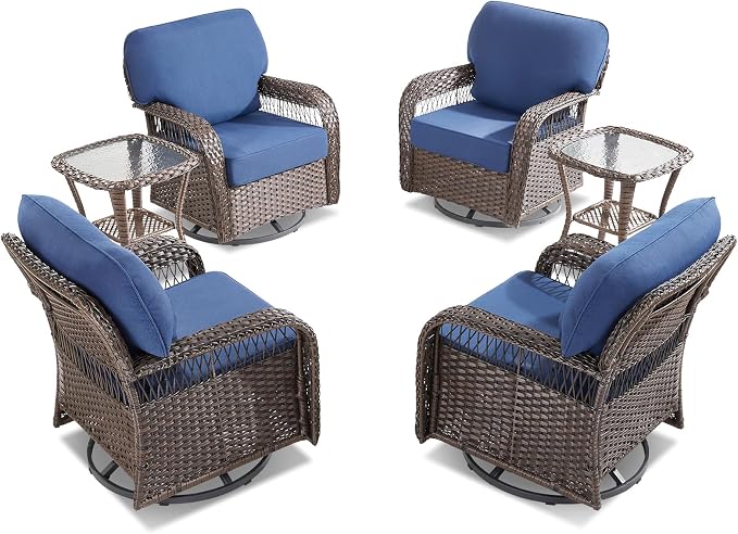 Belord Luxury Patio Furniture Set with 5-inch Thick Cushion, Outdoor 3-seat Sofa and High Back Swivel Rocker Patio Chairs and Ottoman, 6PCS Wicker Conversation Set for Deck Yard and Poolside,Blue