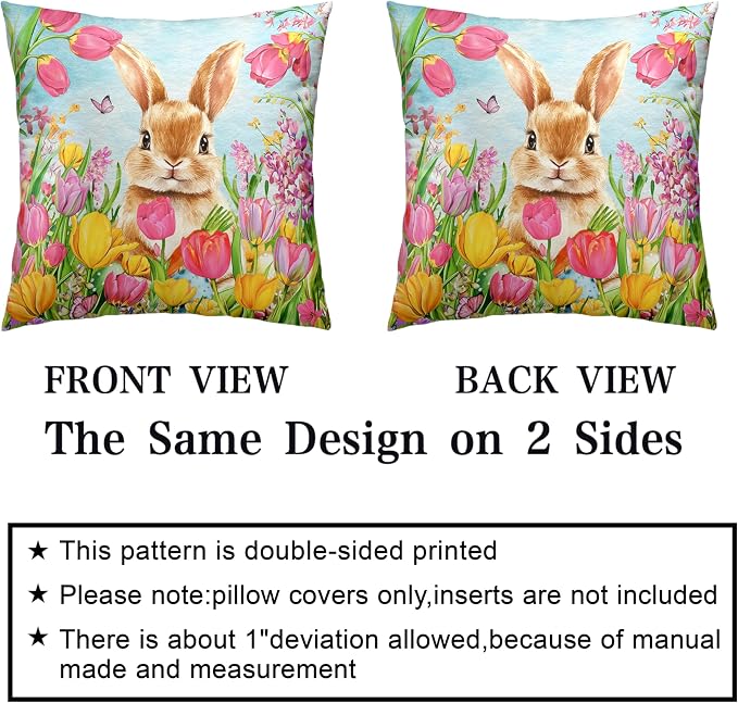 Easter Bunny Pillow Covers 22x22 Set of 2 Lovely Rabbit with Tulip Throw Pillow Covers Spring Pillow Case Floral Cotton Blend Cushion Case for Easter Decor Sofa Patio Garden