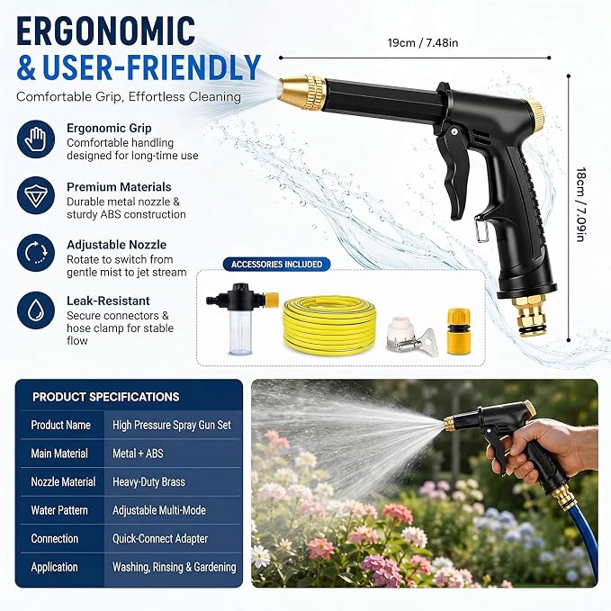 High Pressure Sprayer for Car Wash & Patio Cleaning, Easy Outdoor Watering Tool for Homeowners (BB+5 m Hose)