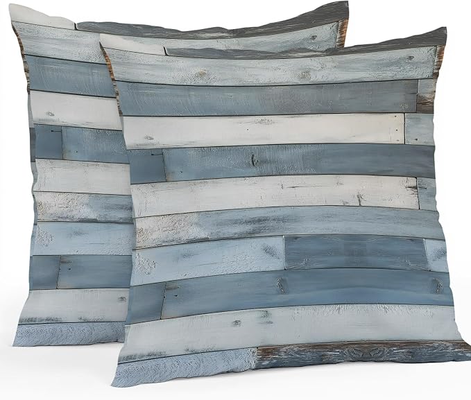 Vintage Blue Farmhouse Outdoor Pillow Covers Waterproof, All Weather Cushion Case Set of 2, Retro Wooden Country Decorative Pillowcases for Sofa Couch Bed Decor Patio Furniture 18"x18"