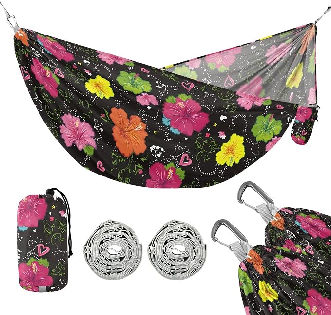 Camping Hammock Outdoor Hammocks for Outside Colorful Hibiscus Flower Beach Trees Portable Lightweight with Pockets Tree Straps Indoor