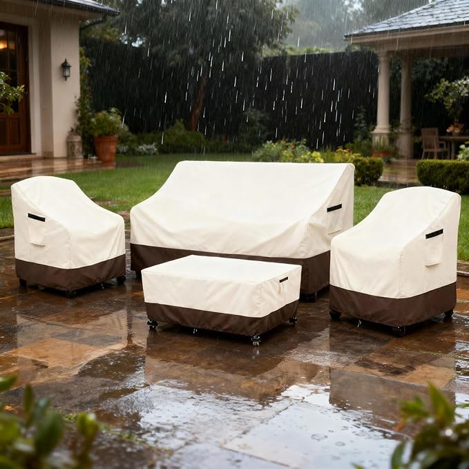 Outdoor Furniture Covers Set,4-Piece 600D Heavy Duty Waterproof Patio Furniture Cover for Outdoor Swivel Rocker Chairs,Loveseat and Coffee Table,Beige & Brown