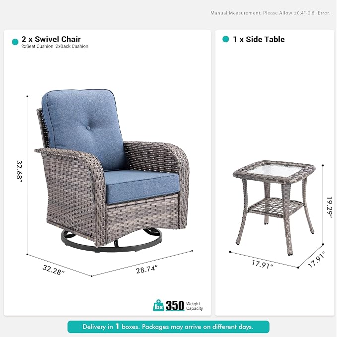Wicker Rocking Chair Swivel Chairs - 3 Piece Rocker Glider Patio Chairs Set Rattan Rocking Chair for Outdoor Porch Deck Garden Backyard,Blue