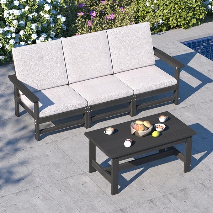 4-Piece HDPE Patio Furniture Set, All-Weather Outdoor Sectional Sofa Set with Coffee Table & Cushions - Wood-Like Composite Conversation Couch for Deck, Lawn, Balcony - Black Frame