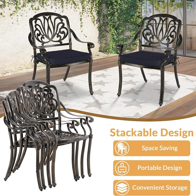 9 Piece Outdoor Patio Dining Set for 8, Cast Aluminium Large Square Dining Table & 2 Swivel Rocker Chairs, 6 Stationary, 8 Cushions, Umbrella Hole, Patio Furniture Set for Garden, Navy Blue