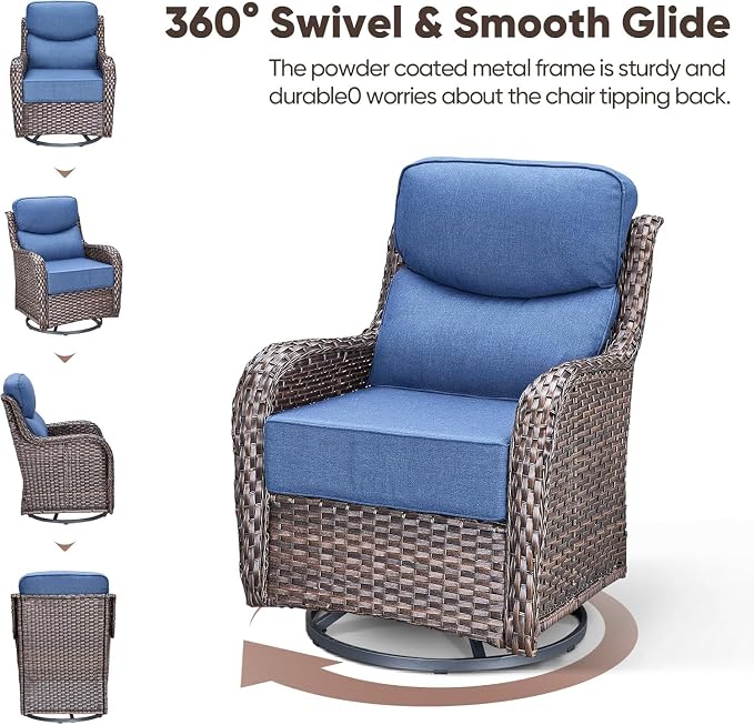 Luxury Patio Furniture Set 7pcs with 6-inch Cushion, Outdoor Furniture with Coffee Table, Swivel Chairs, Sofa, Side Table, Ottomans, Patio Set for Deck Yard and Poolside Brown Wicker | Blue Cushions