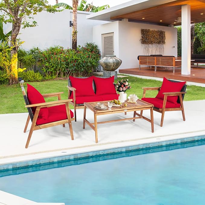 HAPPYGRILL 4PCS Outdoor Rattan Sofa Set Acacia Wood Frame Conversation Set with Coffee Table, Sectional Furniture Set with Cushions for Backyard Porch Garden Poolside Balcony