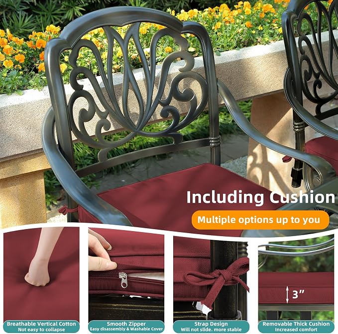 MEETWARM 9-Piece Outdoor Patio Dining Set, All-Weather Cast Aluminum Patio Conversation Set- 8 Cushioned Swivel Rocker, 61" Round Patio Dining Table w/Detachable Lazy Susan/Umbrella Hole, Chili Red