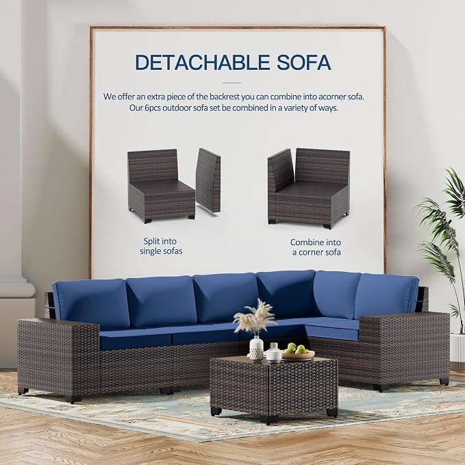 Kullavik 12PCS Outdoor Patio Furniture Set PE Wicker Rattan Sectional Sofa Patio Conversation Sets,Navy Blue