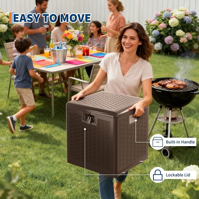 IDEALHOUSE 28 Gallon Deck Box, Waterproof Outdoor Storage Box with Lockable Lid, Heavy-Duty Resin Patio Furniture Cushion Storage Container for Garden, Backyard and Poolside, Brown