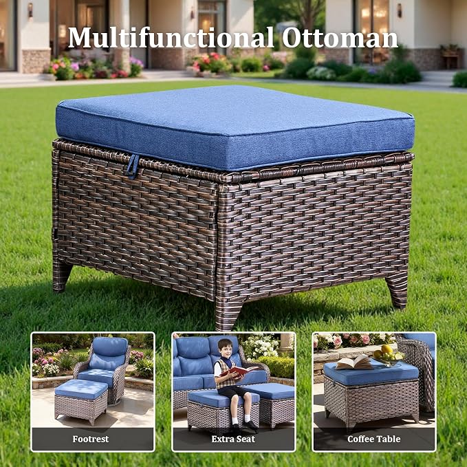 Luxury High Back Patio Furniture Set with 6-Inch Thick Cushions, 9-Pieces Outdoor Furniture with Swivel Chairs, Wicker Conversation Set for Porch, Balcony, Deck and Yard, Brown/Blue
