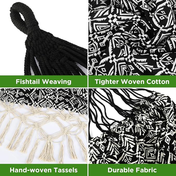 Black with Wirte Bohemian Striped Fringe Double Hammock - Soft Cotton Fabric Outdoor Indoor Hanging Bed with Durable Ropes, Space-Saving Design for Garden, Patio, Backyard, Porch, Beach Camping