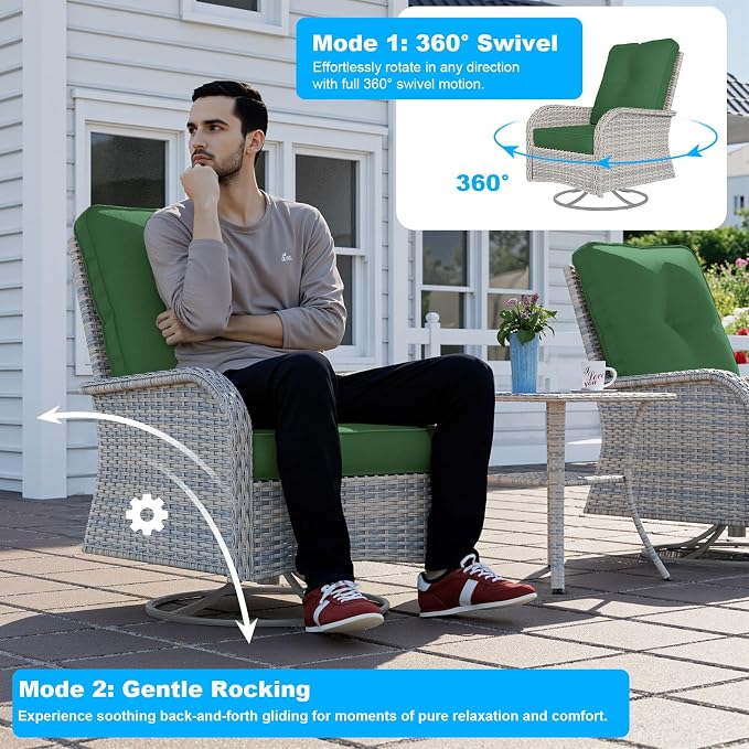 11-Piece Patio Furniture Set, Outdoor Patio Furniture with 55,000 BTU Fire Pit Table, Swivel Chairs Set, Thick Cushions, Modular Patio Sofa, Dual-Strand Wicker Rattan, Rust-Resistant Frame, Dark Green