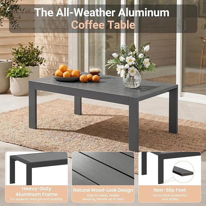 Solaste Aluminum Outdoor Patio Furniture Set, 7 Seats Patio Sectional Sofa with 5" Thick Cushion, Outdoor Patio Set with Coffee Table for Porch, Backyard, Deck, Yard, Grey