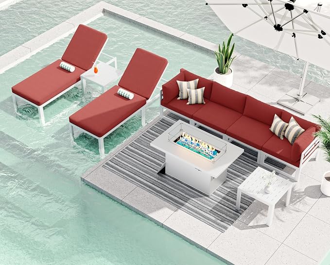 RADIATA 6 Person Modern Aluminum Outdoor Patio Furniture Set with Chaise & Firepit Table, 29 inch Wide Deep Seat, All Weather Modular Sectional Couch, Oversized Conversation Set for Garden Deck, Red