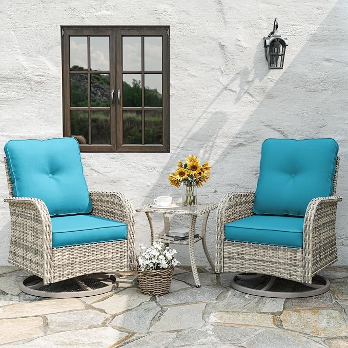 6-Piece Patio Rocking Swivel Chair Outdoor Wicker Rattan Bistro Set with Tempered Glass Side Table, Outdoor Patio Furniture Set for Garden, Deck, and Balcony, Turquoise