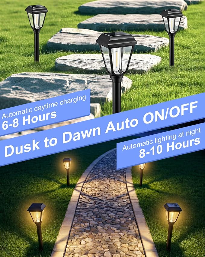 Solar Pathway Lights 8 Pack Outdoor 3000K Bright Auto On/Off Solar Garden Lights Long Lasting Solar Powered Waterproof Landscape Light for Path Yard Walkway Lawn Driveway Decor Lighting - Warm White